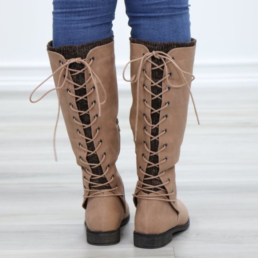 Taupe Warm Winter Mid Calf Lace Back Boots - Picture 7 of 15